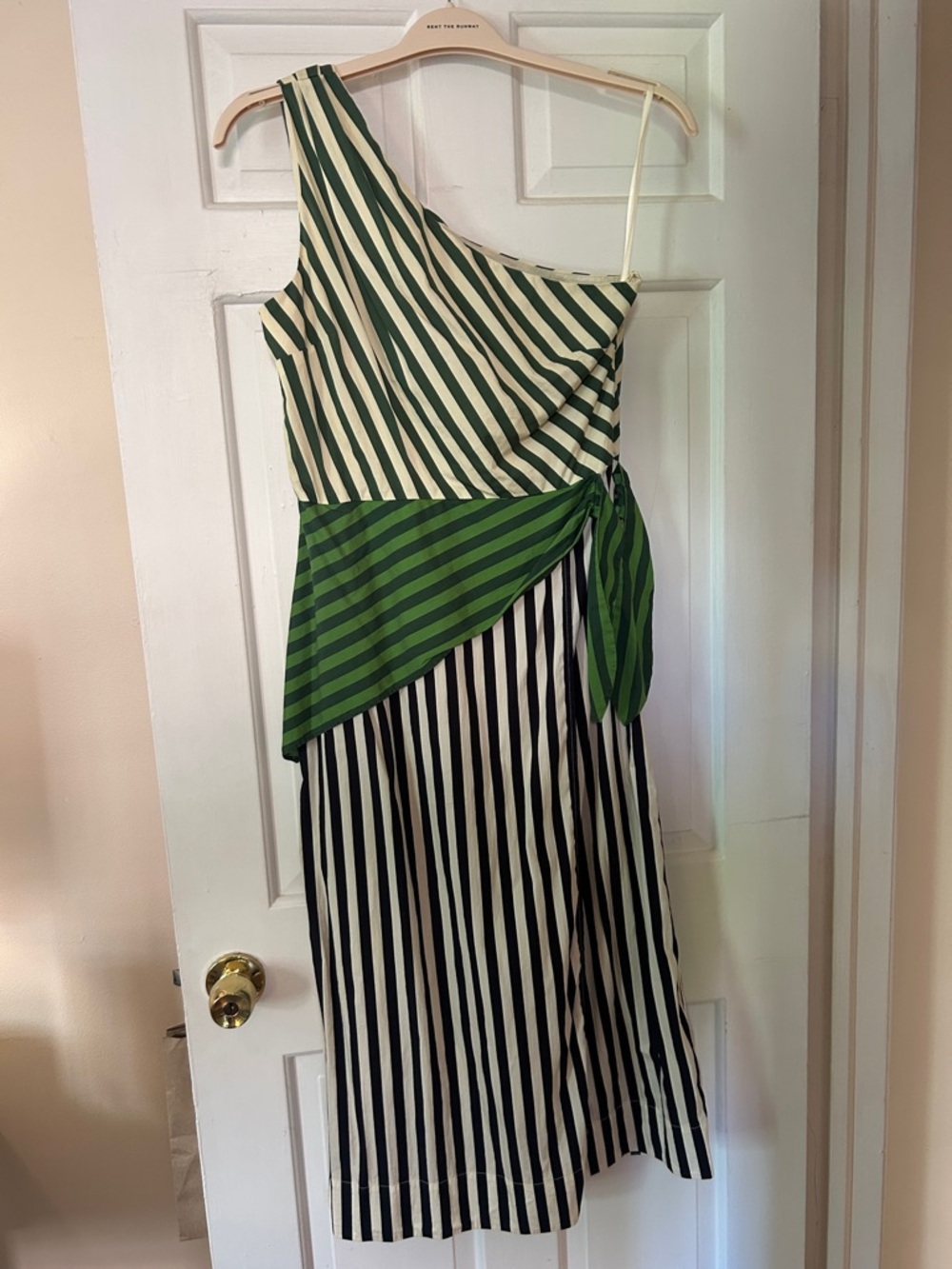 Simon Miller One-Shoulder Striped Midi dress with Green Tie